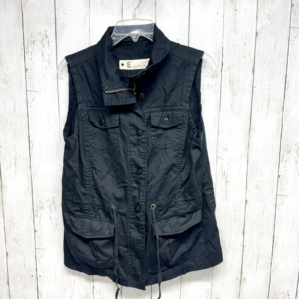 Elliot Lauren Vest Women Sz M Black Utility Zip Button Front Cinch Waist Pockets